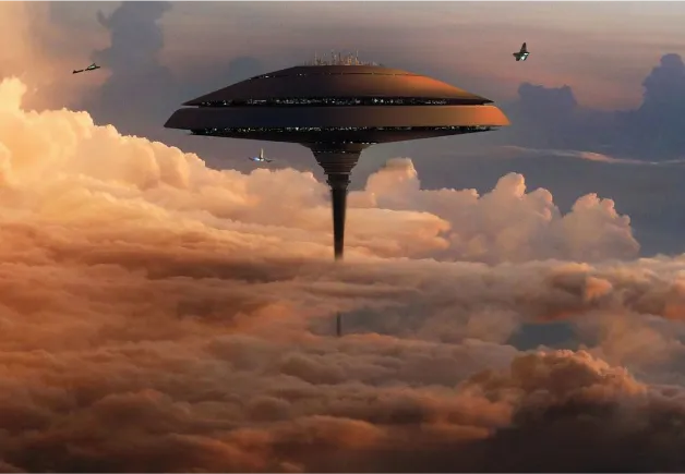 A city in the sky, surrounded by pink clouds.